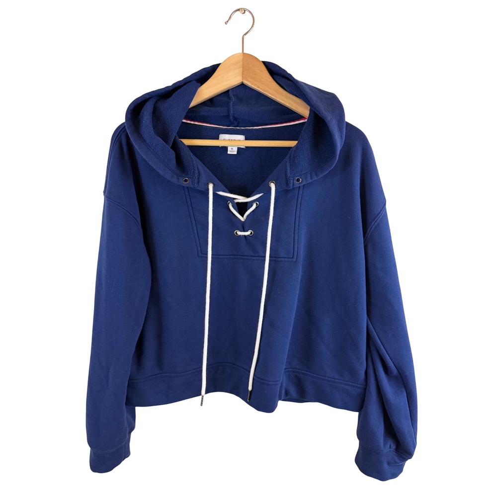 Evereve Lace Up Hoodie Women Size M Blue Long Sleeve Cropped Pullover